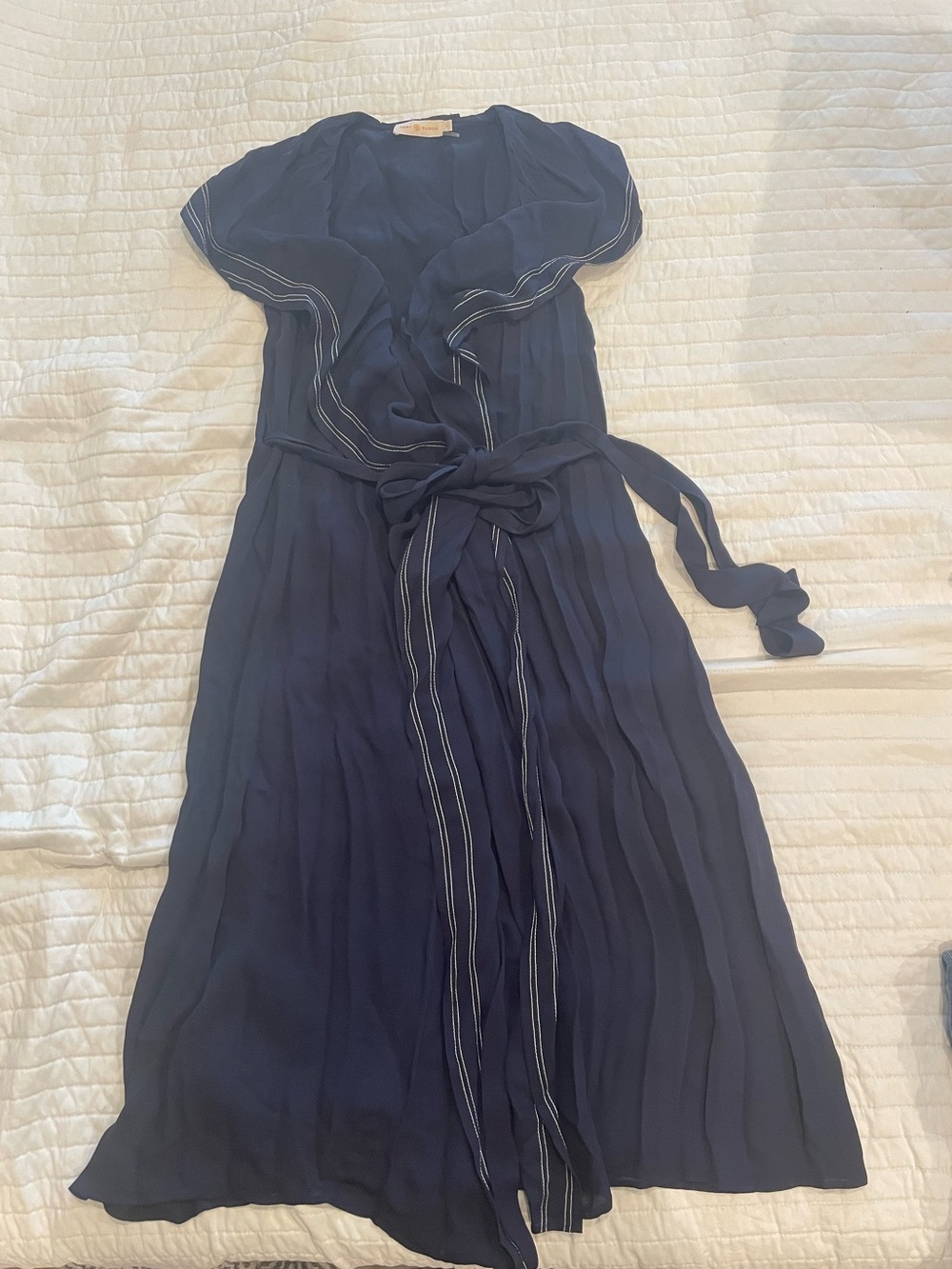 Tory Burch Navy Pleated Wrap Midi Dress with Tie